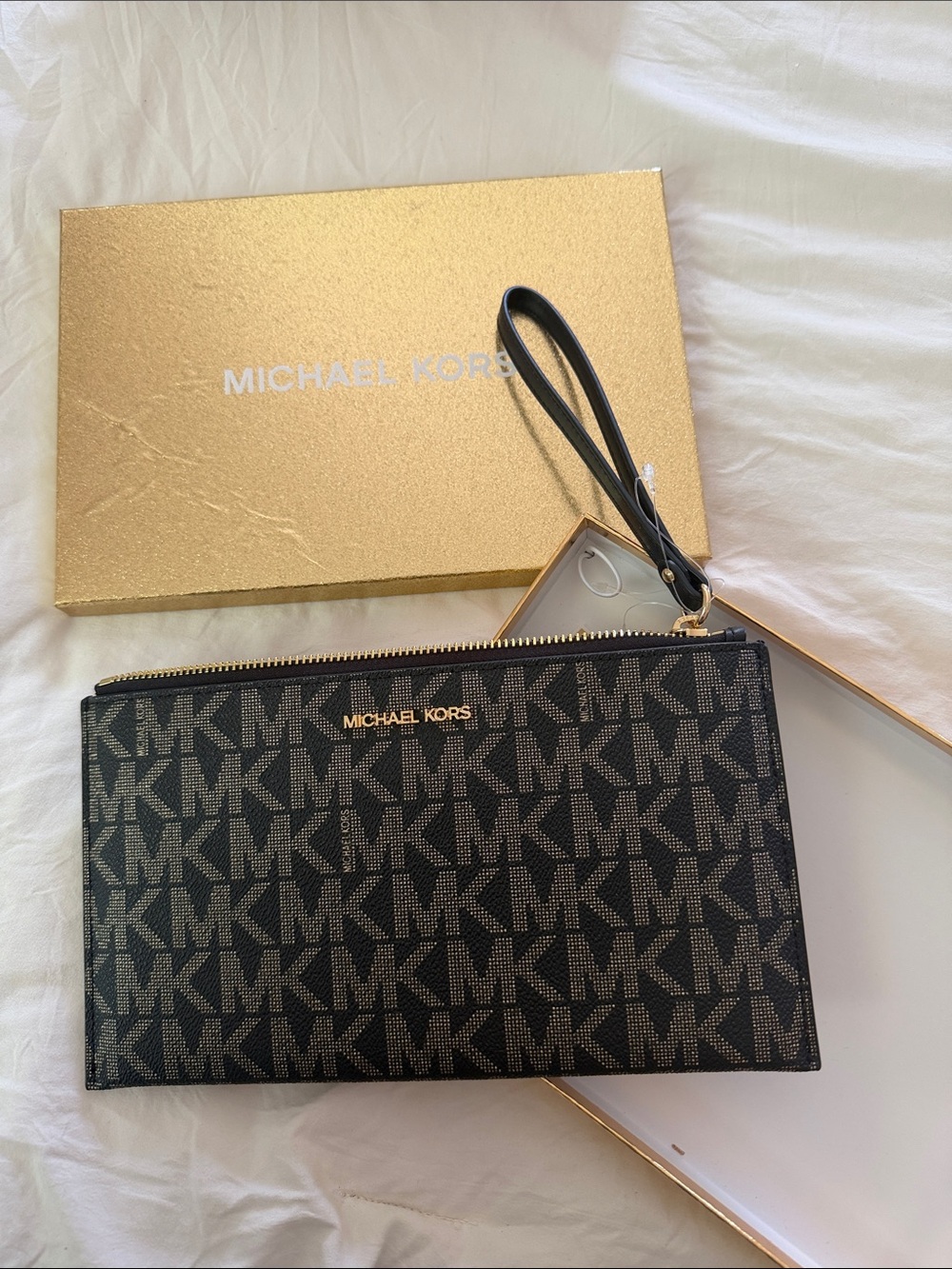 Michael Kors Black MK Monogram Zip Pouch with Gold Logo